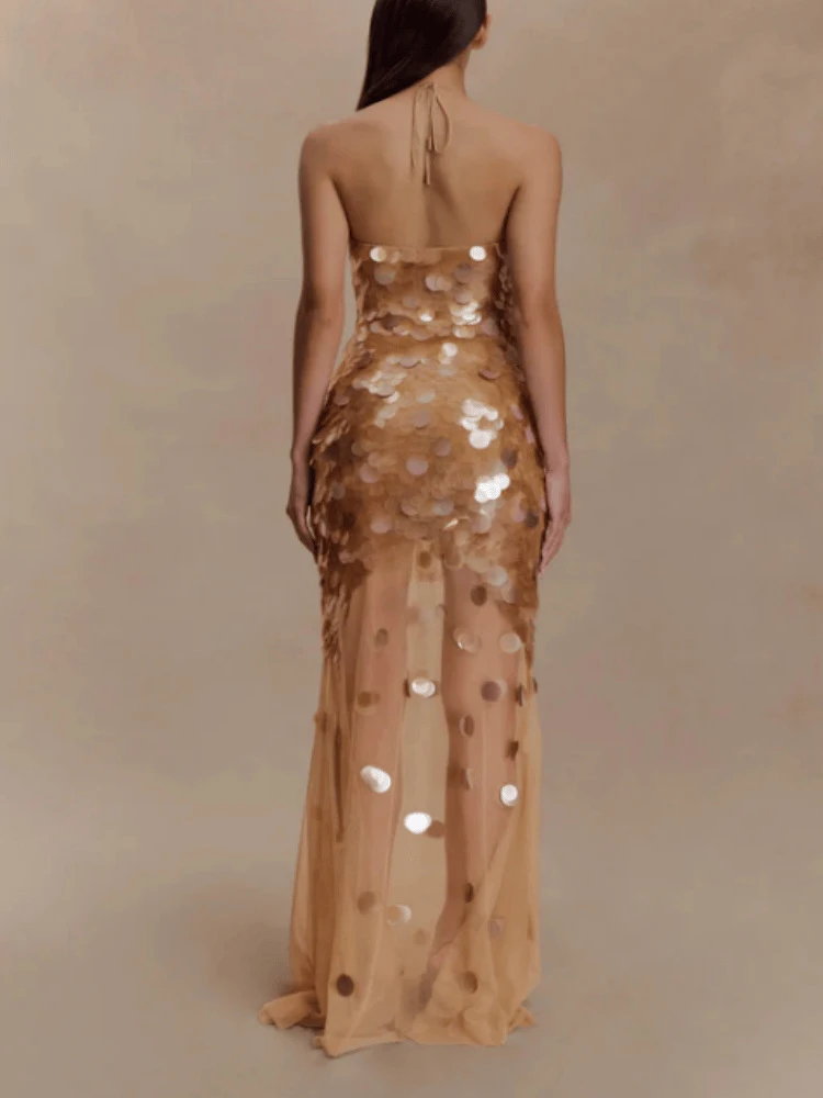 Elegante sem mangas lantejoulas magro vestido de festa moda feminina sem costas sólido vestido longo sexy halter malha emenda fishtail vestido