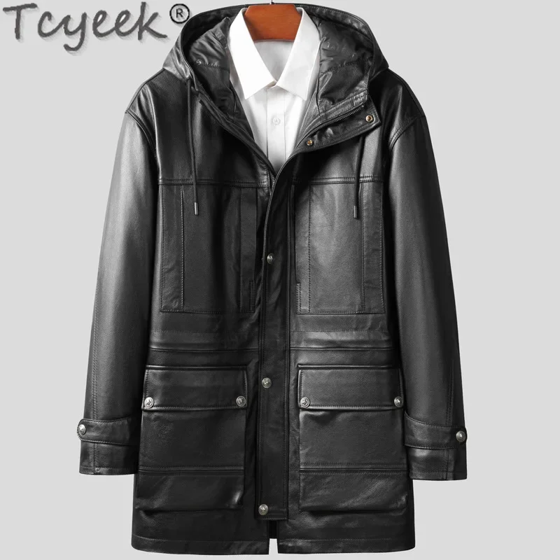 

Tcyeek Real Cowhide Genuine Leather Jacket Men Clothes Mid-length Trench Coat Winter Down Coats Male Jaqueta De Couro 2025