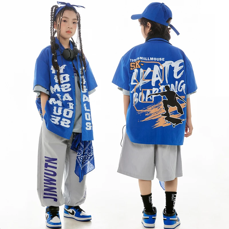 Disfraz de baile de Hip Hop para niños y niñas, camisa azul de manga corta, pantalones sueltos, ropa de práctica de Jazz, ropa de competición de Hip Hop, BL12841