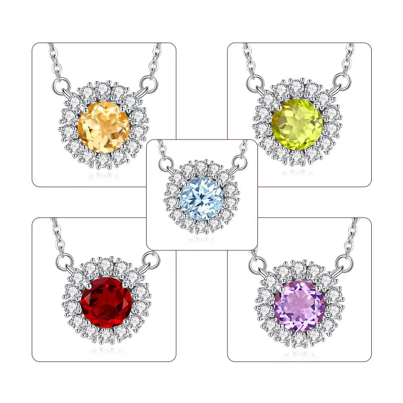 Authentic S925 Sterling Silver Necklace Pendant Women Topaz Citrine Garnet Amethyst Peridot Jewlery Gift Anniversary Birthday