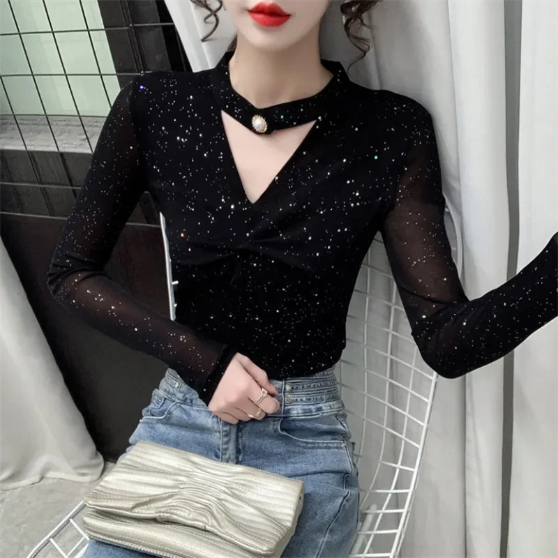 Mesh Women's Tshirt High-end Base Top V-neck Long Sleeved Bib T-shirt Casual Woman Clothes Tshirts Black Blous Shiny Female Tees