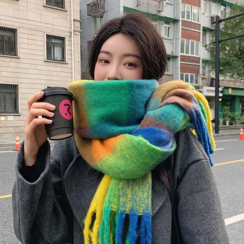 

Rainbow Plaid Scarf For Women Autumn-Winter Premium Color Matching Fringe Mohair Thickened Shawl 24W027