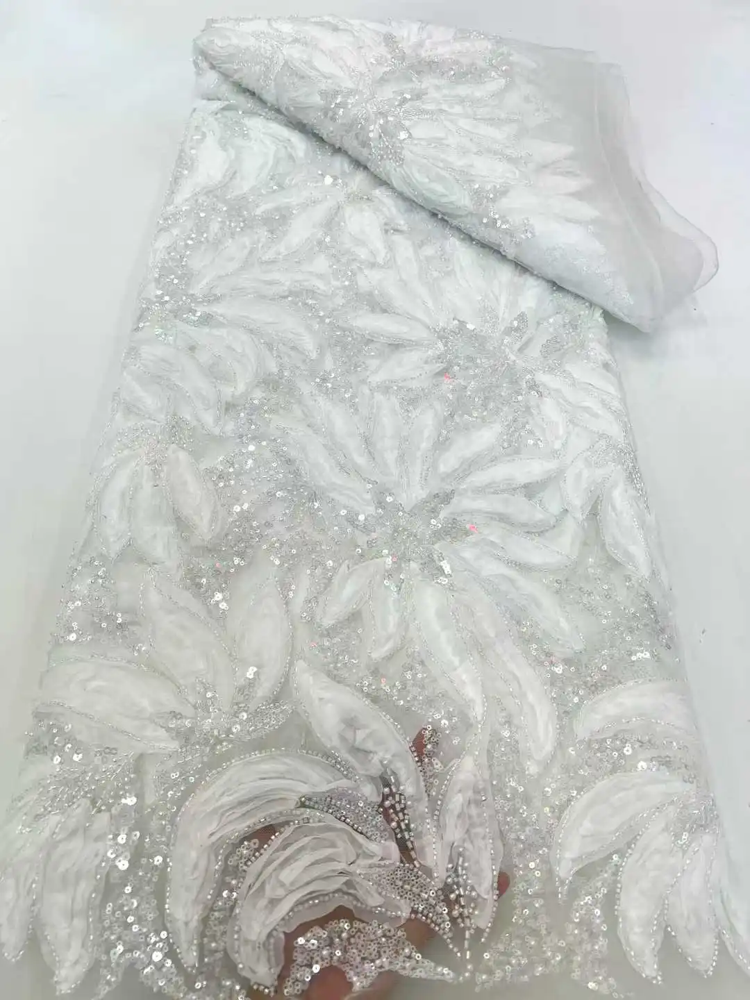 

High Quality Lace Embroidery Sequins Net Lace With Beads Latest African Sequins Lace Fabric For Women Wedding Party Dress