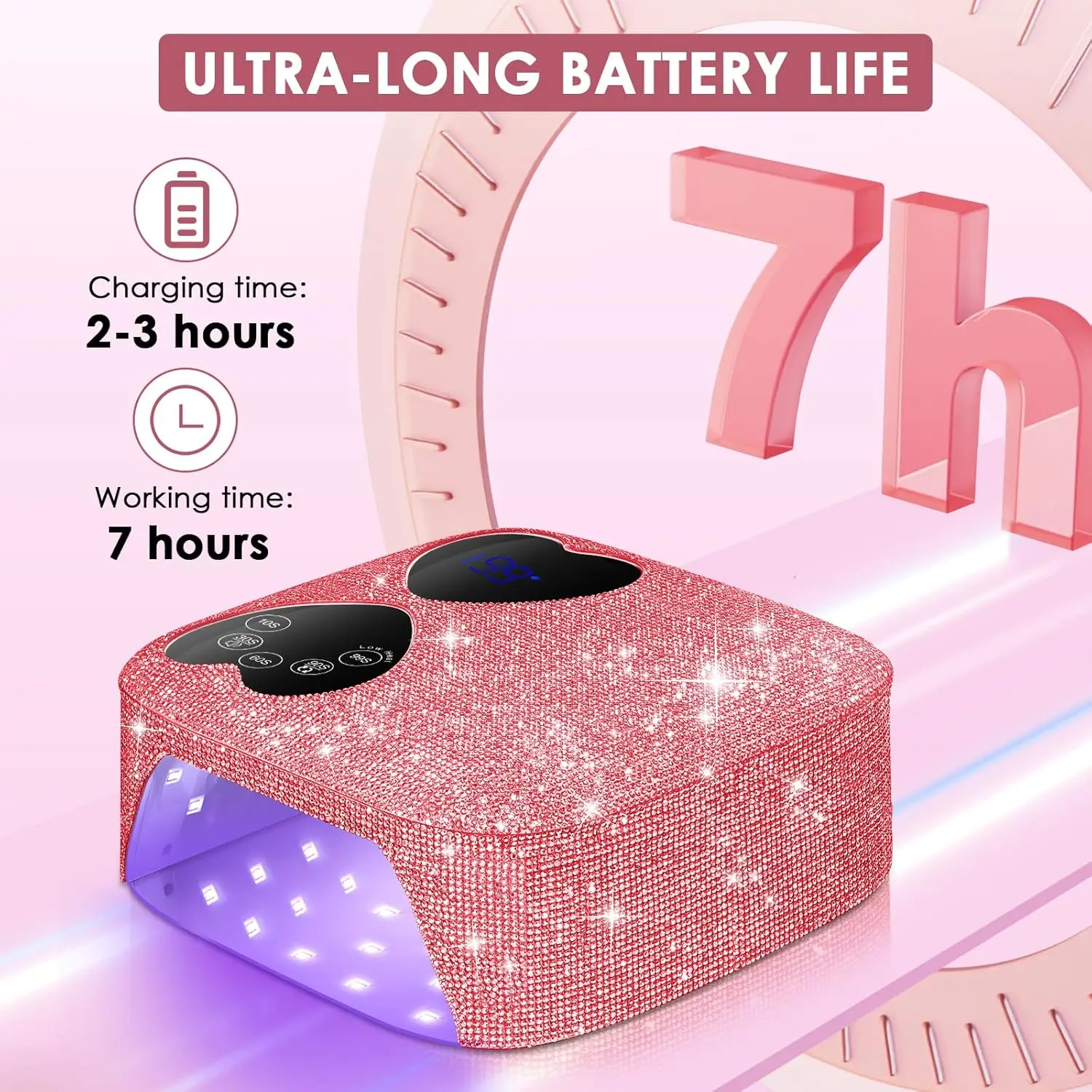 80W Cordless UV LED Nail Lamp with 5 Timers, Mirror Base & Sparkling Rhinestones for Gel Polish Drying