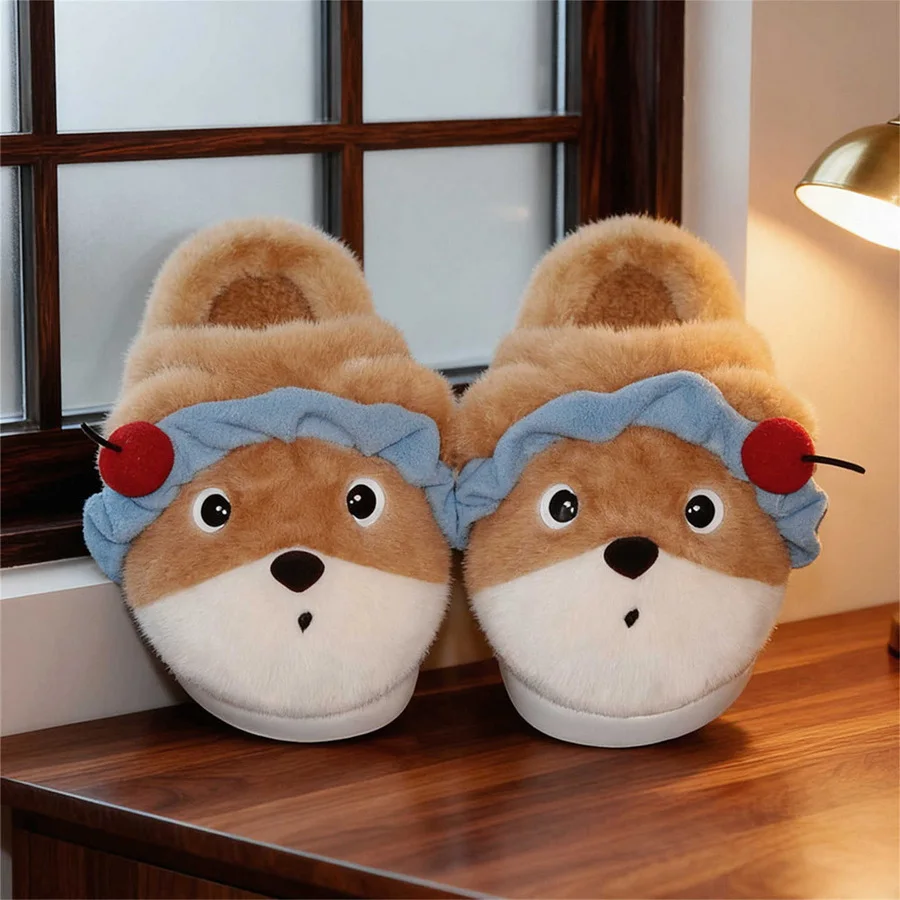 

New fuzzy cherry bear slippers women closed toe cute home shoes girl puffy house slipper animal design slides furry mules shoes