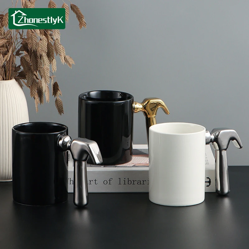 

Creative Electroplated Gold and Silver Hammer Handle Ceramic Mug Coffee Milk Tea Water Cup Breakfast Cups Household Drinkware