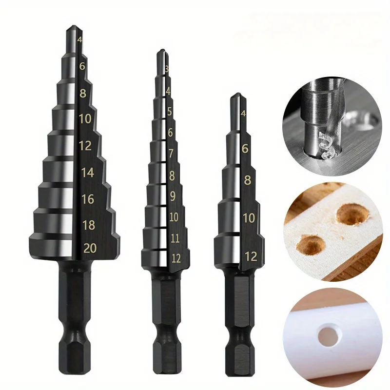 

3pcs/set Hexagonal Shank Nitriding Black Straight Flute Step Drill Bit Set Titanium Coated Wood Metal Hole Cutter Core Drill Bit