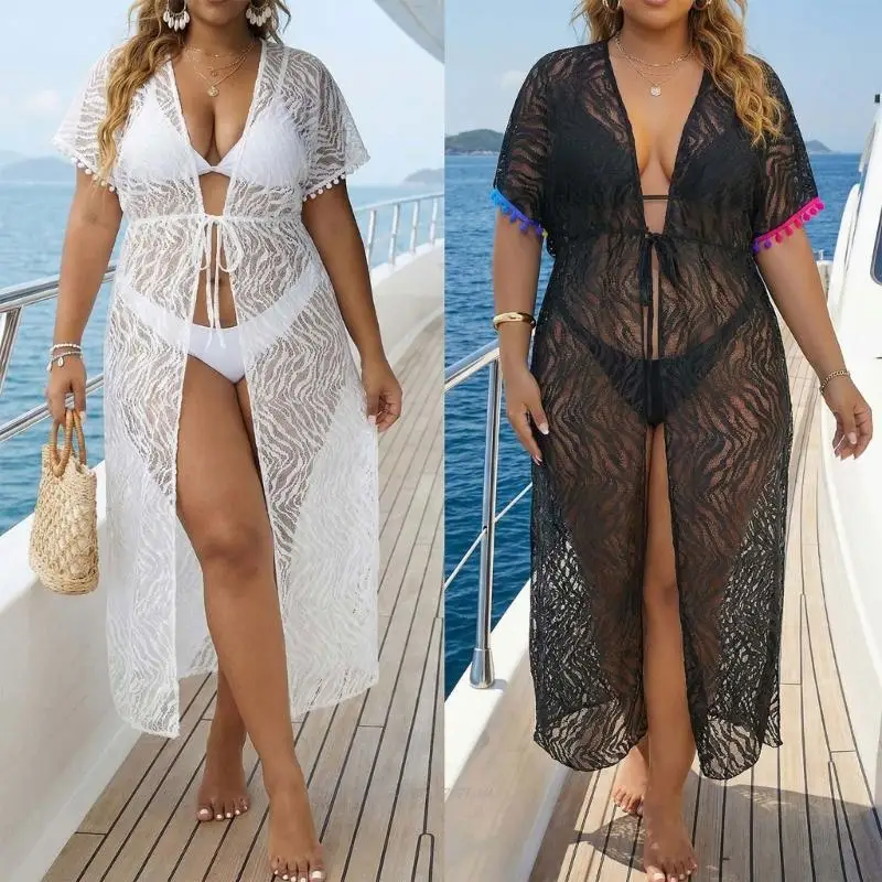 X5XA Hollow Out Sheer Lace Beach Cardigan with Adjustable Waist Tie for Women Beach