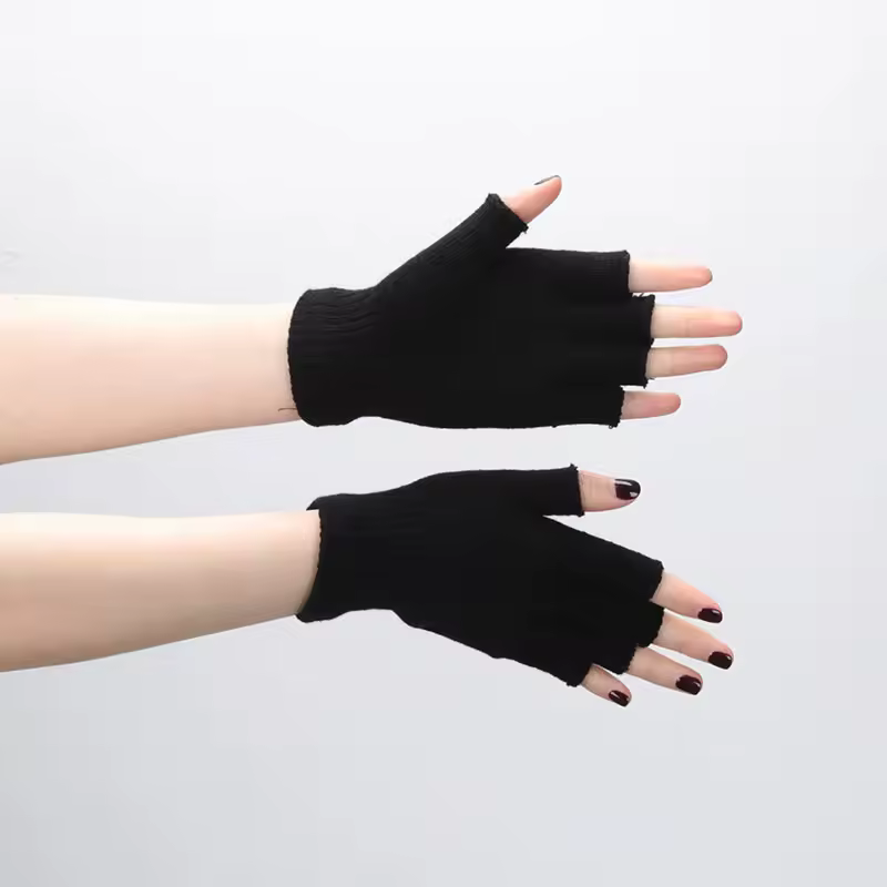 1pair Black Short Half Finger Fingerless Knit Wrist Glove Winter Warm Stretch Work Gloves for Women and Men Cycling Accessories - Image 11