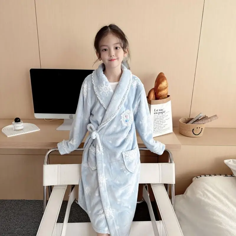 

Домашняя одежда из кораллового флиса «Эльза» для девочек, осень-зима 2026, пижама, ночная рубашка, милый теплый утолщенный фланелевый халат Disney Princess