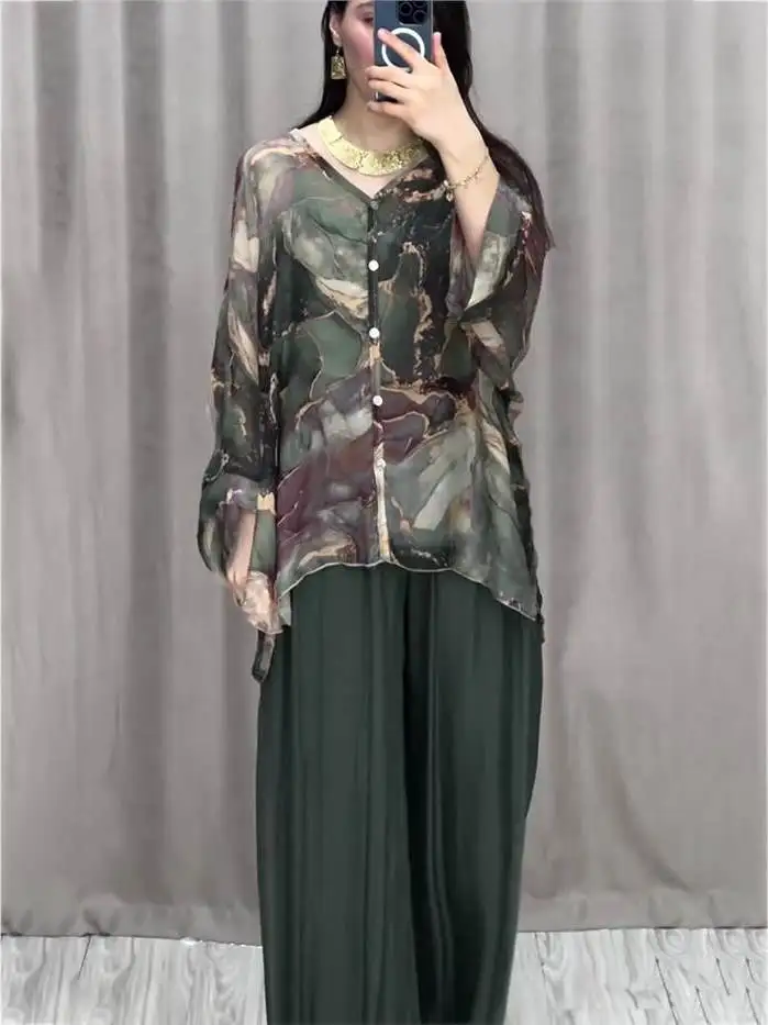 

Hand-Painted Print irt Top And Wide-Leg Pants Two-Piece Set Faionable Spring Collection Long Sve Polyester Workwear