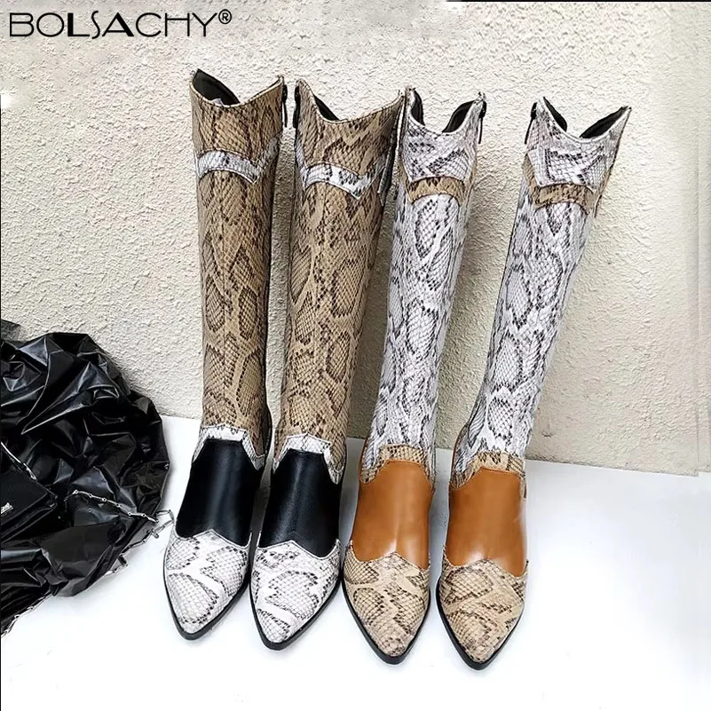 2026 Hot Women Snake Print Western Cowgirl Boots Female PU Leather Patchwork Cowboy Ankle Boot Woman High Heel Long Bota 38 41