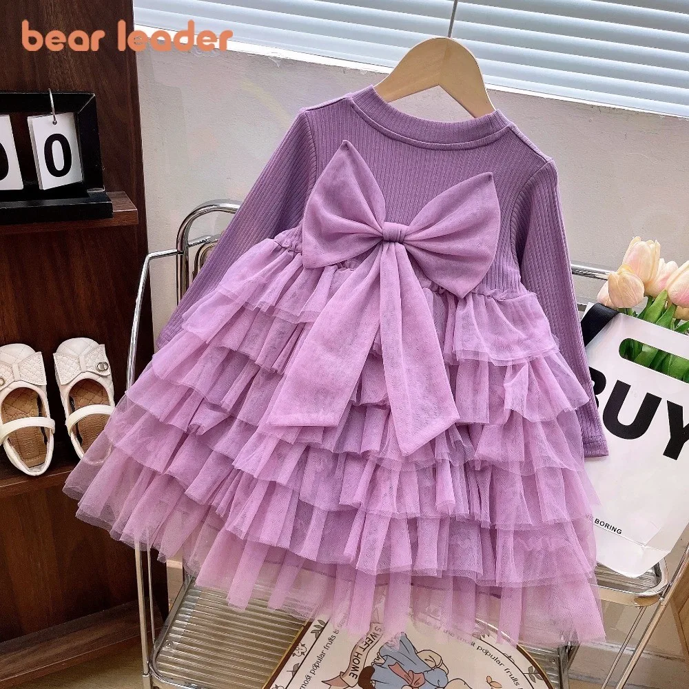 

Осенние новые фиолетовые платья для маленьких девочек Bear Leader 3-7 лет с украшением в виде банта, сетчатое платье для торта с длинными рукавами