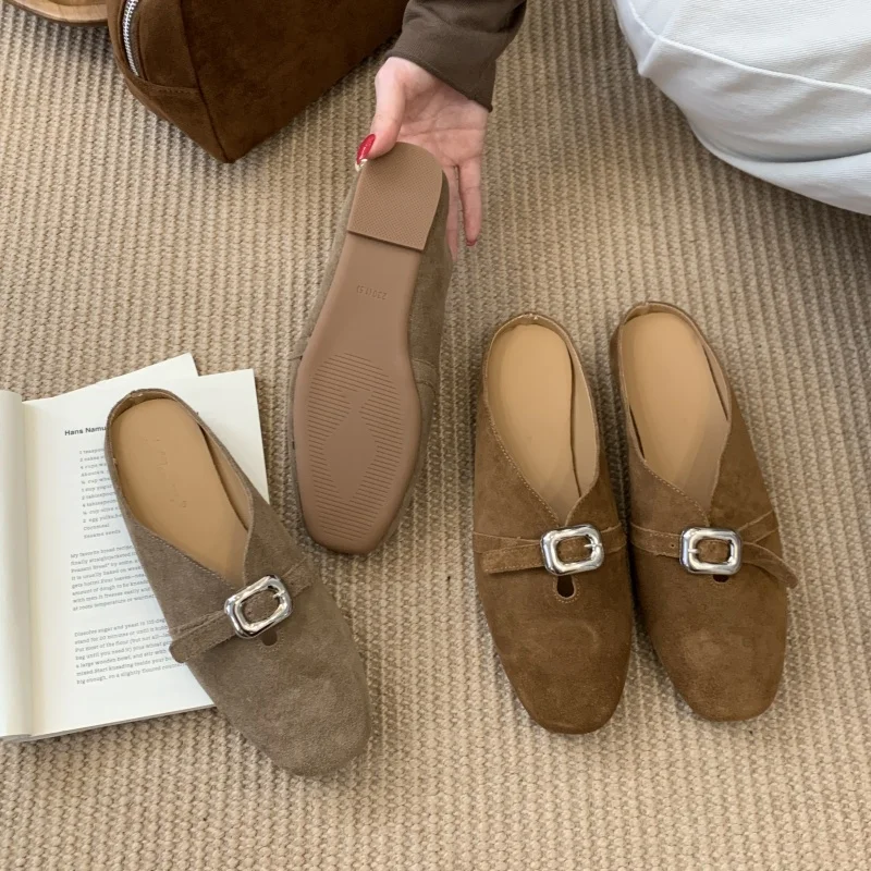 Zapatos de mujer con hebilla, zapatillas de gamuza de vaca de diseñador, zapatos planos con punta cuadrada, zapatos informales sin cordones, zapatos de mujer marrón camel