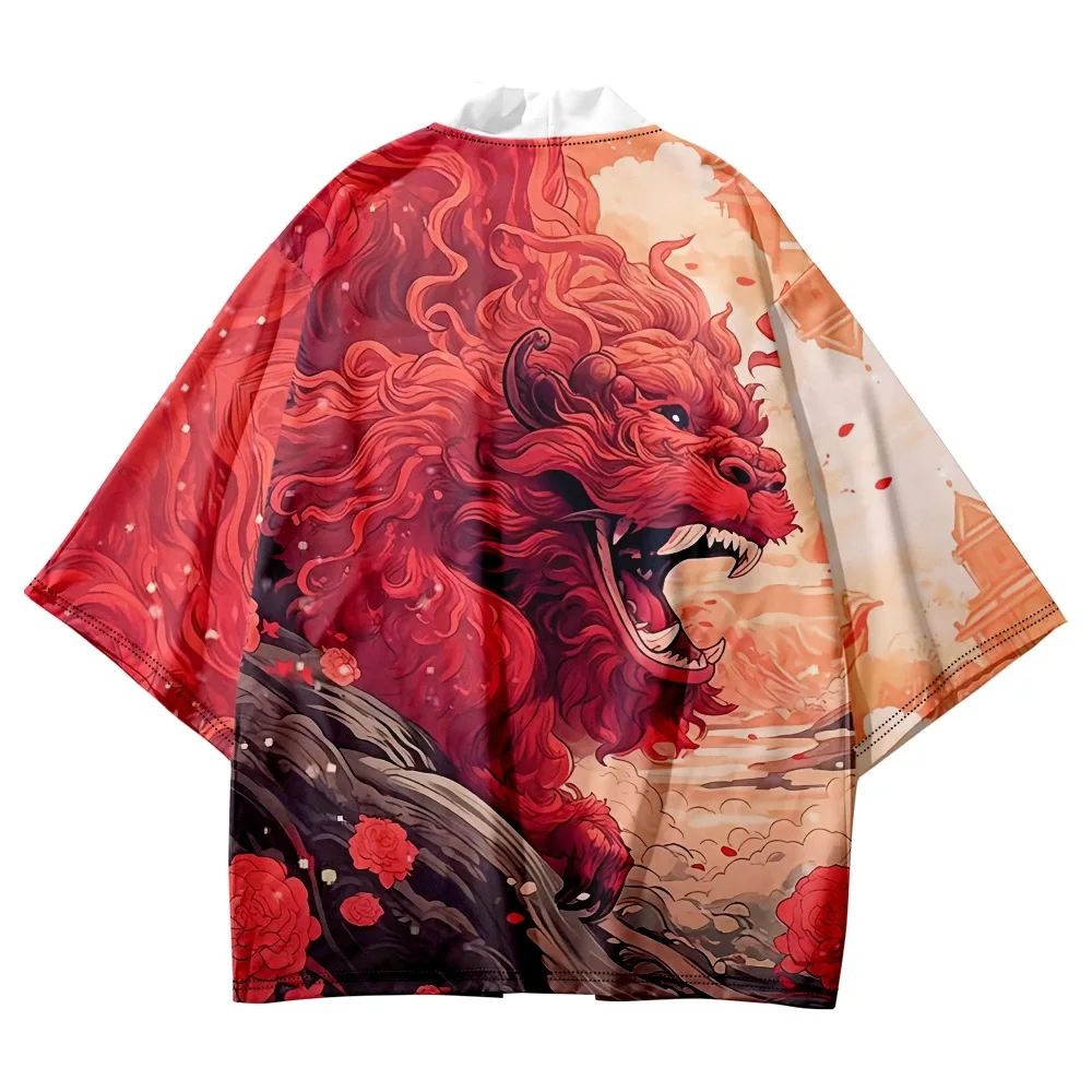 سترة مطبوعة لرقص الأسد الصيني قمصان هاوري للنساء والرجال ملابس يوكاتا التأثيرية هاراجوكو كيمونو #2