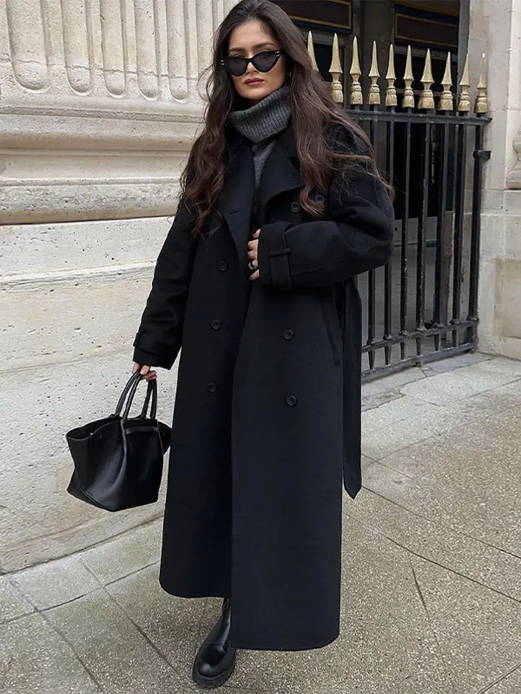 Black Lapel Women Woolen Overcoat With Belt Autumn Female Double-breasted Long Sleeve Loose Coats 2024 Lady High Street Outwear