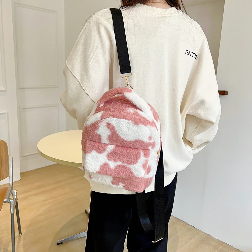 Milk Cow Pattern Women Backpack Autumn Winter Plush Backpacks Cute Fluffy Shoulder Bag Furry Handbags Casual Shopping Backpack