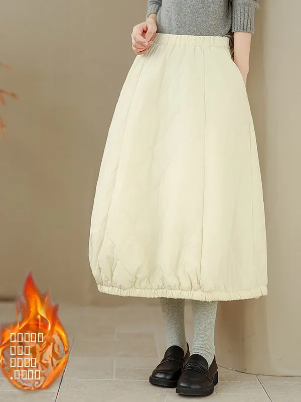 Thened القطن f تنورة مرونة الخصر منتفخ Sle منتصف طول شتاء جديد وصول عادية فضفاضة تناسب ارتداء اليومي تنورة #1