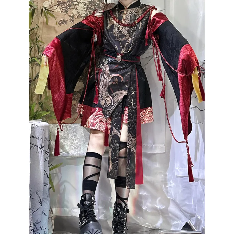 

Hua Yue Shi Feng Improved Chinese Style Off-Shoulder Top Short Skirt Black And Red Robe Set For Women Fashion
