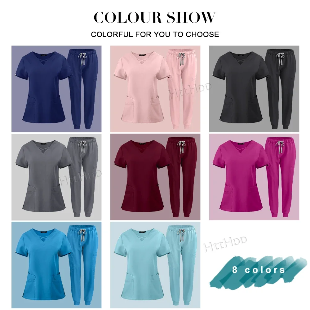 Mulheres Multicolor Scrub Uniforme, Enfermeira uniformes, Tops de manga curta e calças, Enfermeira Scrub Set, Esfoliante médico, Pet Shop, Hot Sales