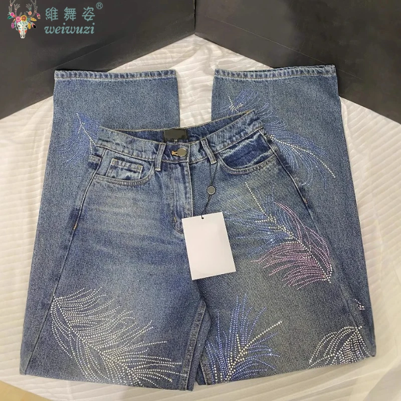 Elegant Rhinestone Feather Pattern Women's Jeans Y2k Fashion Must-have High Waist Denim Pants Causal Wide-Leg Denim Streetwear