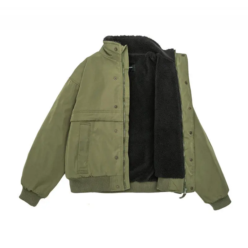 Thickened Lamb Fur Cotton Jacket Unisex Retro Meral Wind Warm Coat Youth Popular Loose Fit Long Sleeve Zipper Closure  C...