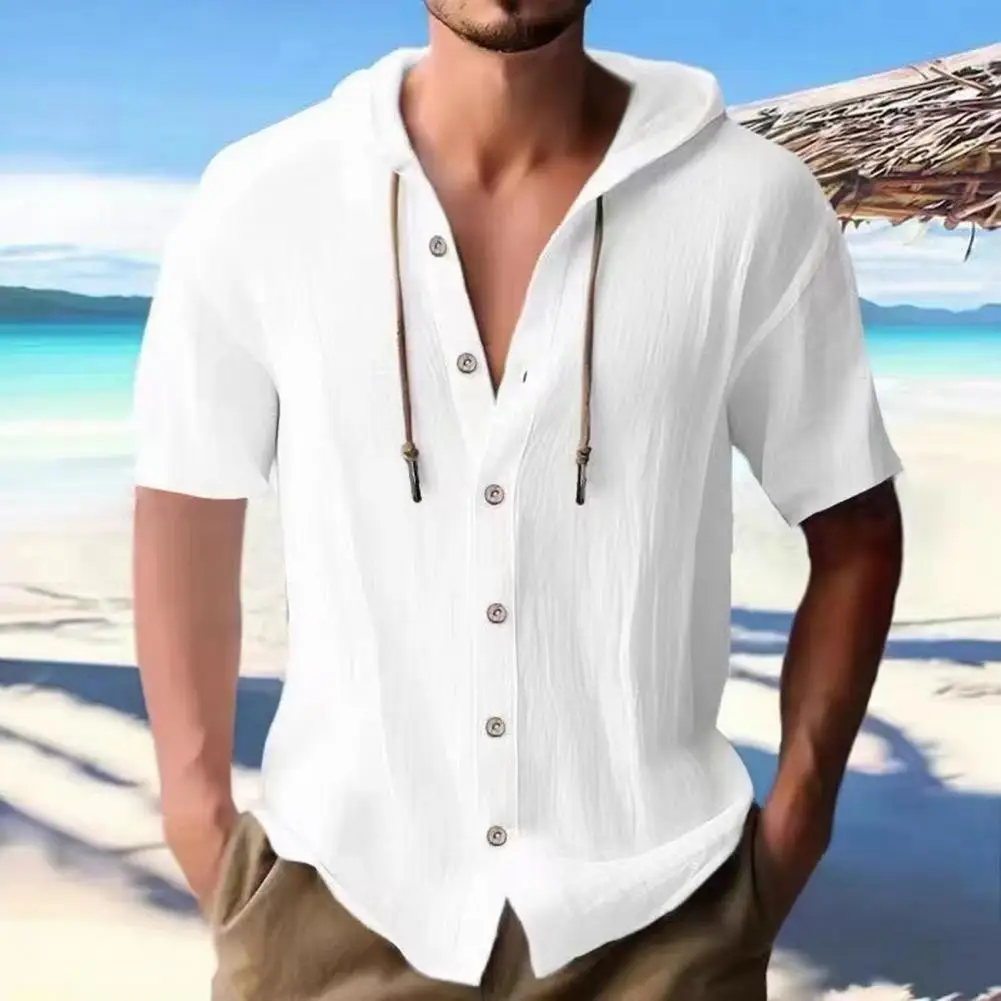 Men Solid Color Shirt Solid Color Men Beach Top Stylish Men's Hooded Drawstring Cardigan Lightweight Beach Top for Casual Daily