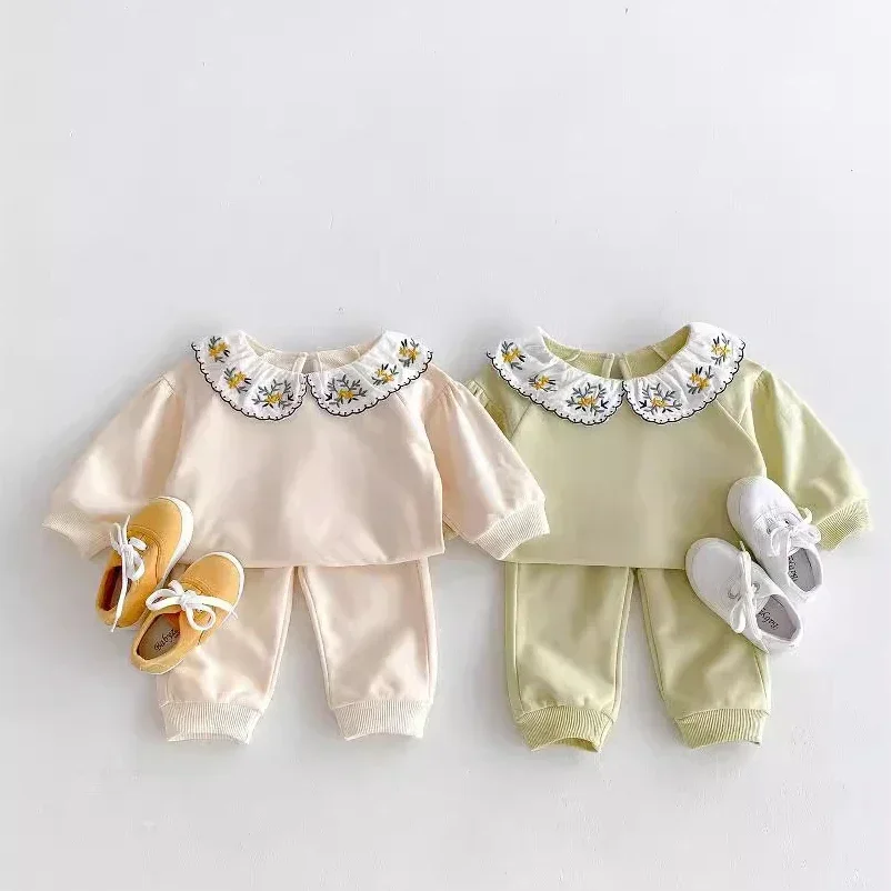 

4112 Korean Baby Clothing Set 2024 Autumn New Baby Girl's Suit Long Sleeve Sweater +Pants Sweet Two-piece Suit.