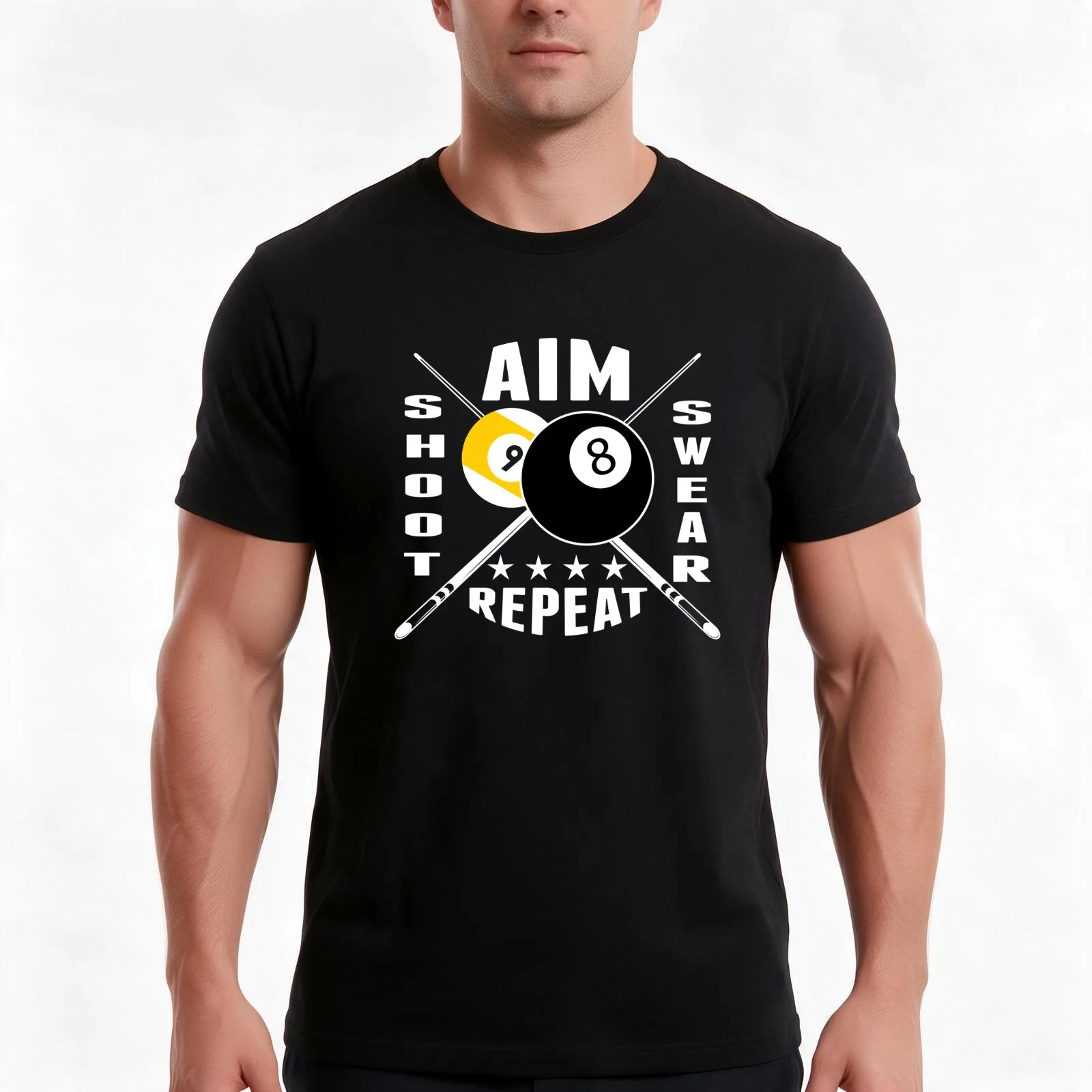9 ball 8 ball Aim Shoot Swear Repeat Billiards T-Shirt, Summer Casual Cotton Tee, Oversized Streetwear Tops, Unisex Men Women