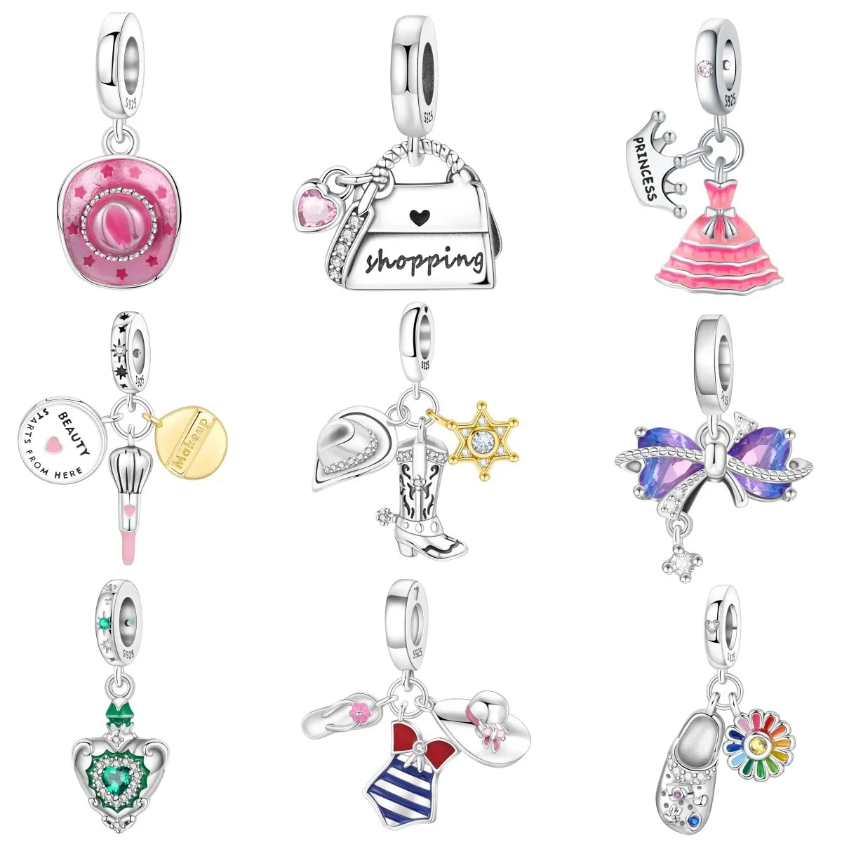 

MISEFF S925 Sterling Silver Charm Western Cowboy Hat Princess Dress Shopping Bag Pendant Fit Bracelet DIY Jewelry Making Gift﻿