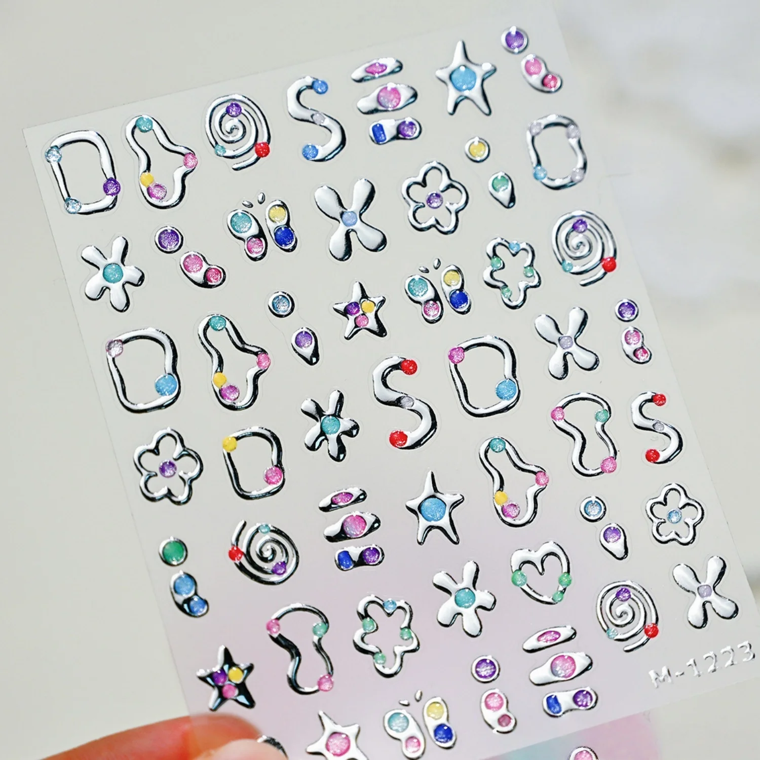 5D Glänzende Metall-Linien Bunte Strass-Stern-Blumen-Herz Nagelkunst-Aufkleber Selbstklebende Silberne Nageldekoration DIY