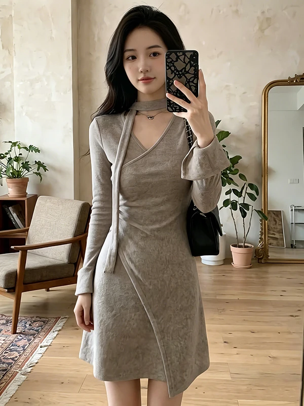 

Ele V-Ne Long Sve Asymmetrical Dr Women's Faion Spring New Slimming ort Dr Casual Comfortable Mid-Weight A...