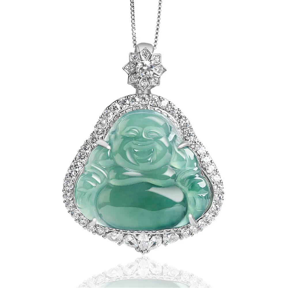 

925 Silver Natural Ice Green Jadeite Carved Buddha Lucky Amulet Pendant S925 Necklace Certificate Luxury Jade Vintage Jewelry