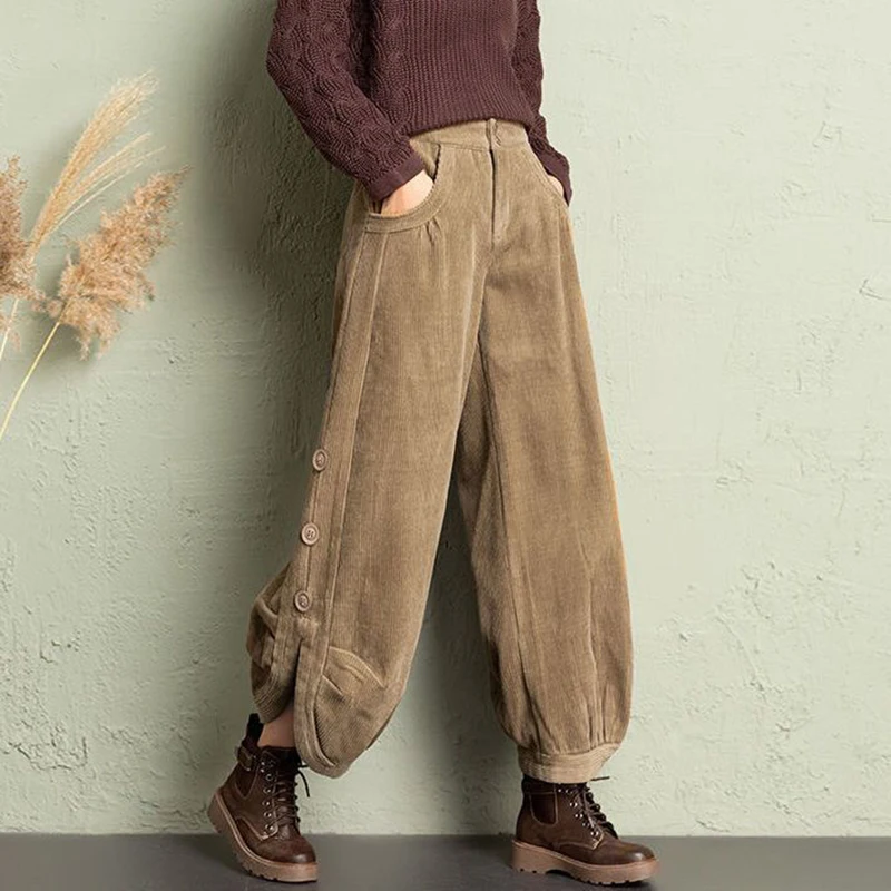 

Vintage Corduroy Wide Leg Pants Women Spring Autumn High Waist Baggy Lantern Trousers Casual Fashion Solid Bloomers Pants