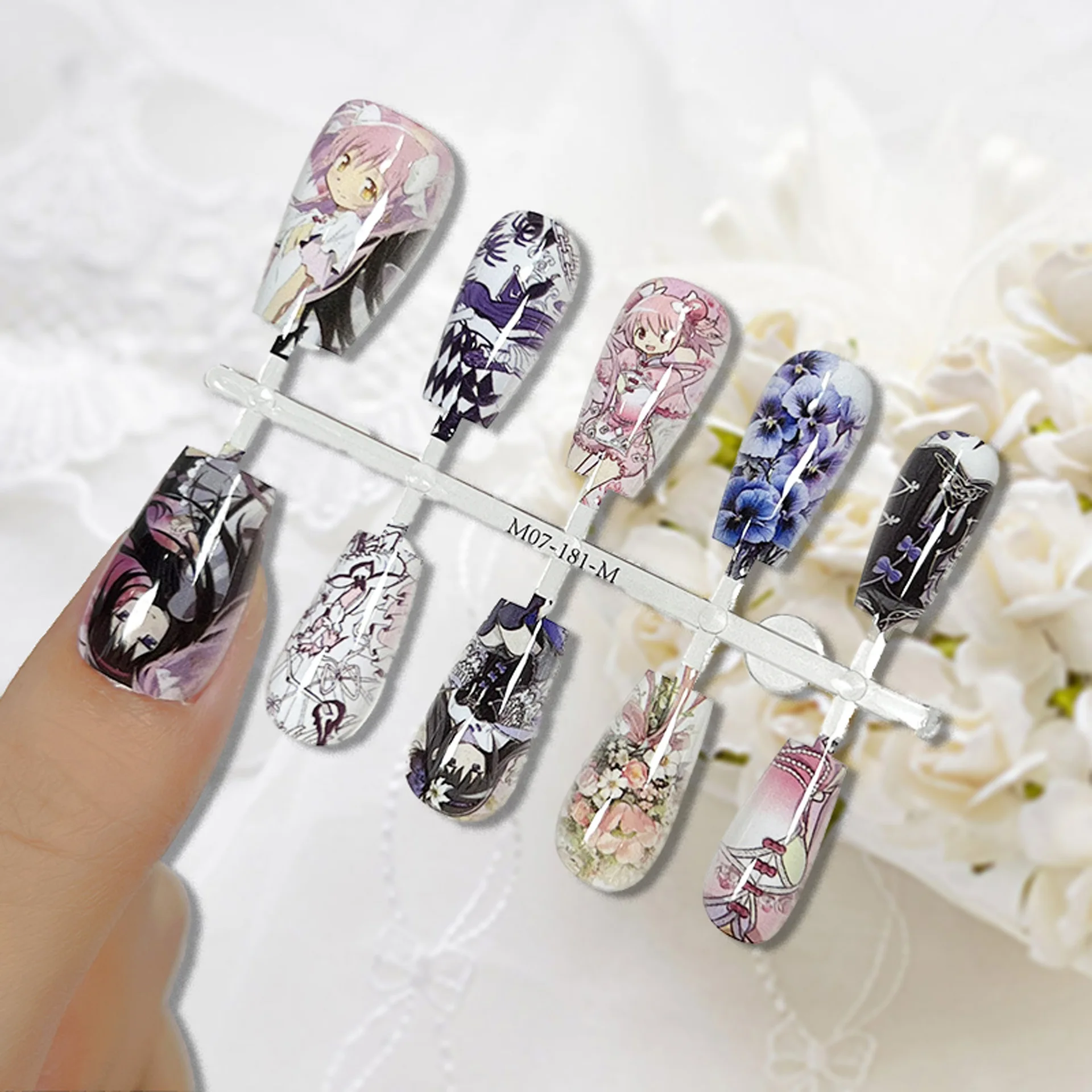 Kaname Madoka Akemi Homura Purple Pink Cute Flower Anime Girl Fake Nails Kawaii Otaku Nail Art Accessories Nail Supplies DIY