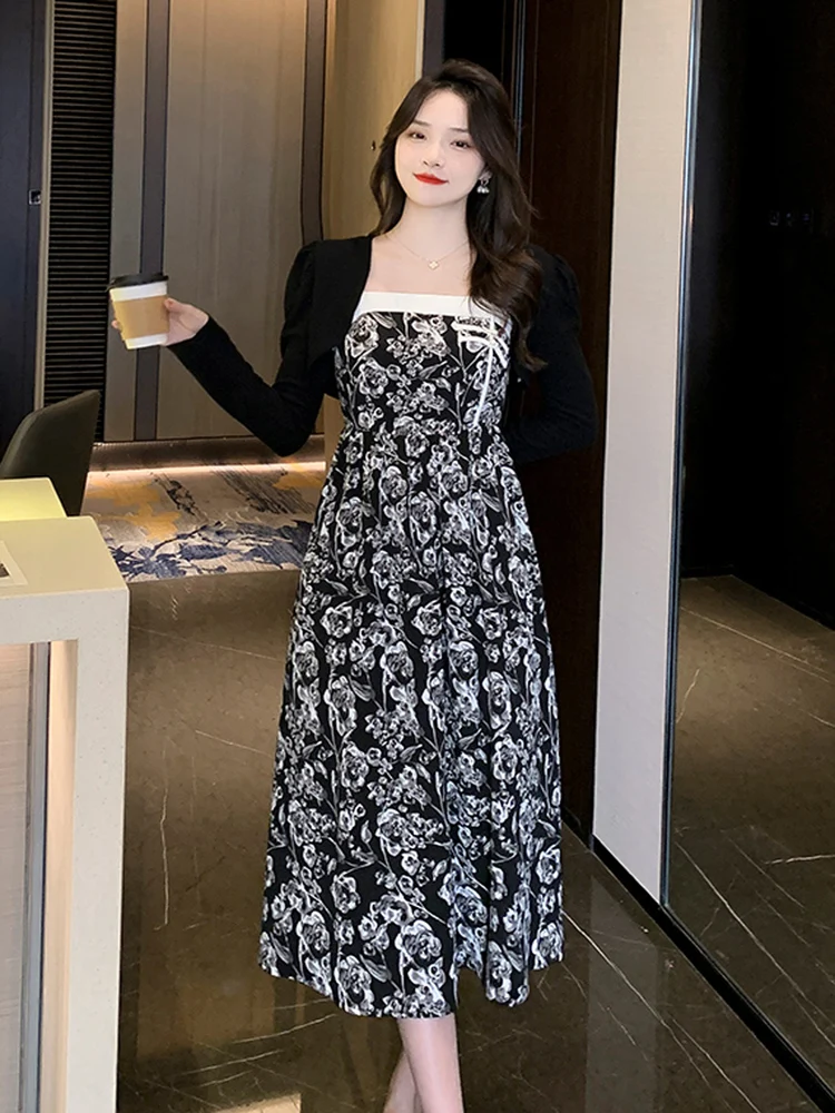 

French Spring Elegant Black Cardigan Coat Crop Top and Sexy Spaghetti Strap Midi Flowers Dress Women's 2 Piece Sets Outfits