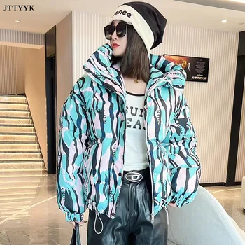 Warme Winter Daunen jacke Frauen 2024 Graffiti Print Mode Kapuze kurze Parka Mädchen dicke Streetwear Hip Hop gepolsterten Mantel weiblich