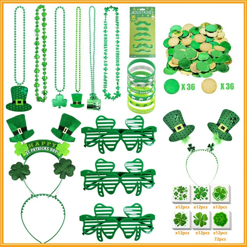 New-St Patricks Day Decorations With Green Glasses Necklaces Headband Bracelets Coins, Tattoos Stickers For St Patricks Day