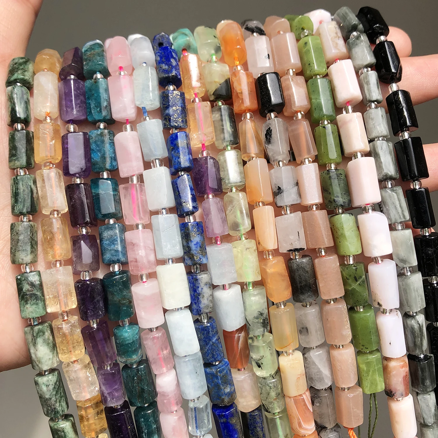 Natural Agates Emeralds Kunzite Tiger Eye Stone Beads Cylinder Loose Beads for Jewelry Making DIY Bracelet Accessories 7.5inch