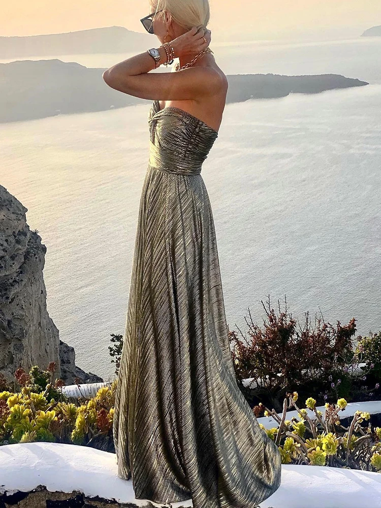 2024 Sexy Twist Strapless Hollow Out Long Dress Women Boho Elegant Bronzing Evening Dress Fashion Sleeveless A-Line Party Dress