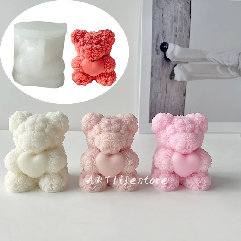 Kleine Rose Liebe Bär Kerze Silikon Form DIY handgemachte Kerzen Gips Seife machen Kit Valentinstag Geschenk Hochzeit Dekoration