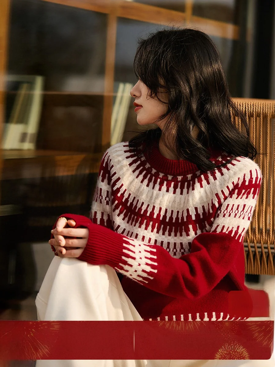 

XiaoHanGe 2025 Осенне-зимняя новая коллекция: Теплый и мягкий вязаный шерстяной комплект с цветочным узором, длинными рукавами и круглым вырезом