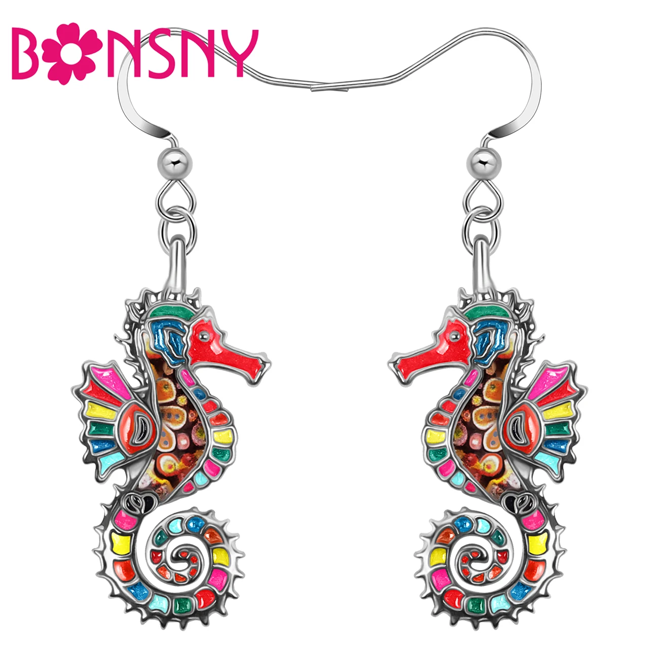 Bonsny Enamel Alloy Colorful Hippocampus Drop Earrings Animals Seahorse Dangle Charms Fashion Jewelry For Women Friends Gifts