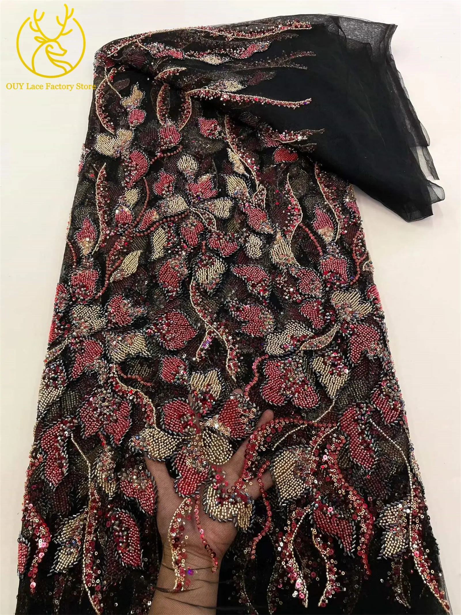 Heiß begehrter französischer Stickerei-Spitzenstoff mit Perlen und Pailletten, 5 Yards, afrikanischer Spitzenstoff, nigerianische Spitze für Brautkleider und Hochzeitsfeiern – Detail 15