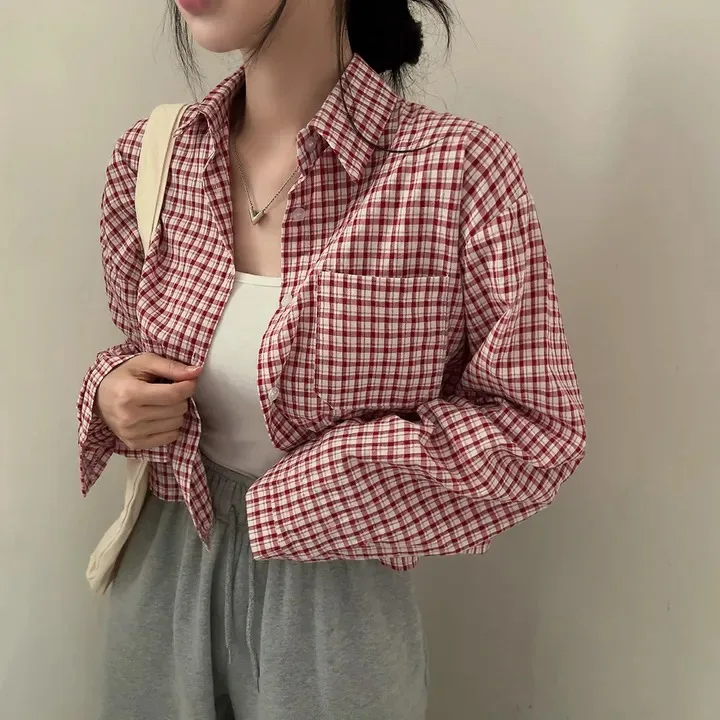 

Chic Autumn Plaid Long Sleeve Shirt Collar Button Design Loose Slimming Top Korean Style Cotton Straight Cut Ultra Short Length