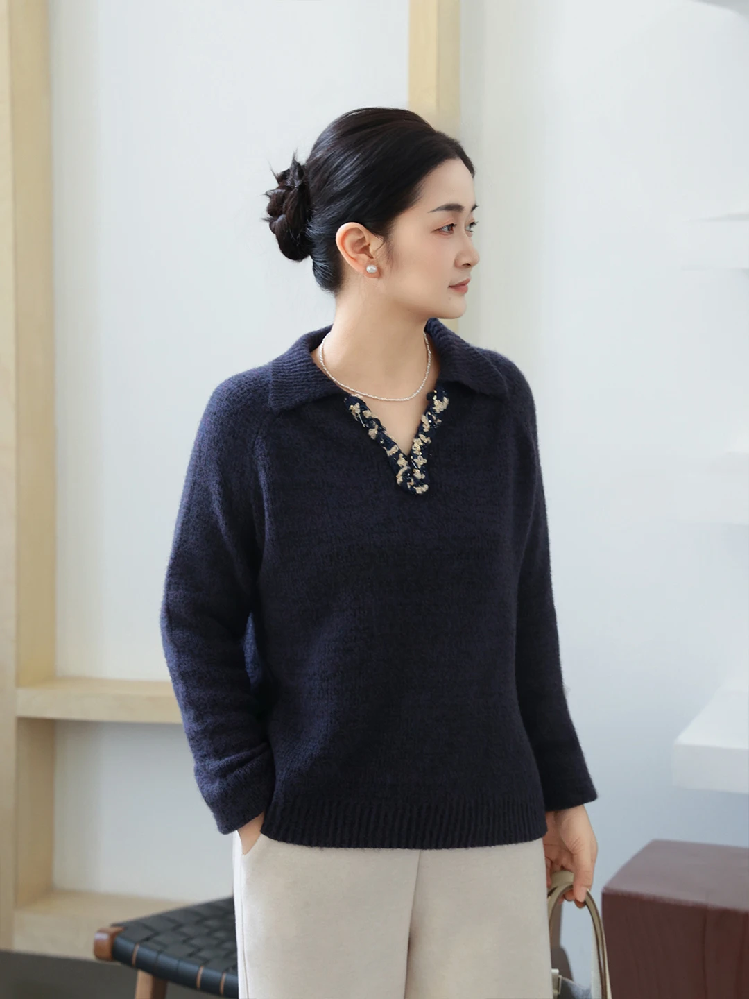 

Фиолетовый вязаный свитер с отложным воротником для женщин, базовый слой, весенняя новинка, повседневный, удобный, из мягкой ткани Netie