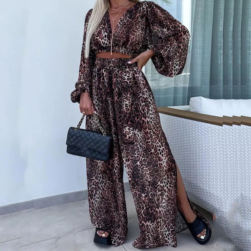 

Retro Pattern Print Hollow Women Set Spring Deep V-neck Crop Top & Split Pants Outfit Autumn Lantern Long Sleeve Two Piece Suits