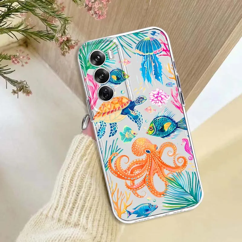 Marine animal flowers Phone Case For OPPO A11 A16 A55 A56 A57 A72 A52 A73 A74 A54 A76 A78 A58 A98 Pro 5G TPU Transparent