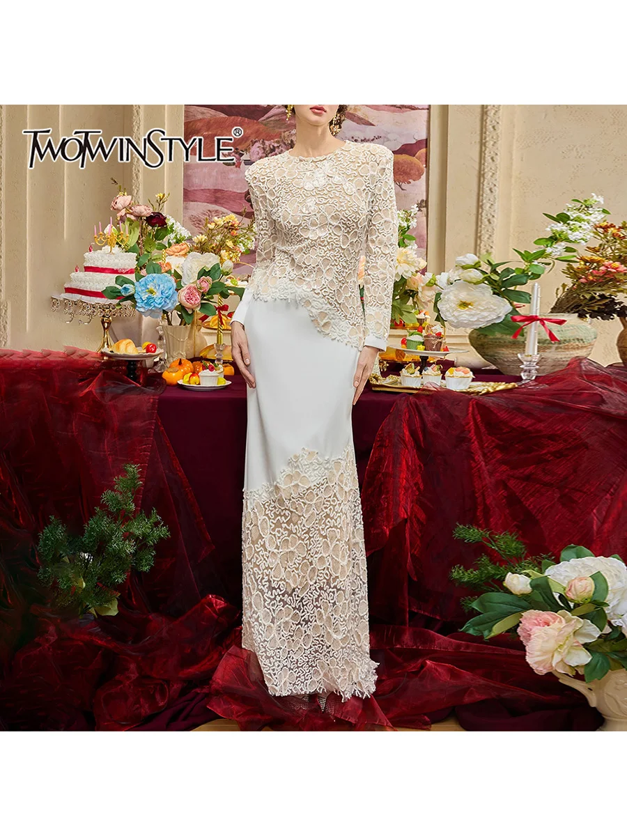 

TWOTWINSTYLE элегантные платья для похудения с блестками и цветами для женщин, длинное платье с круглым вырезом и длинными рукавами, длинное платье-труба, женская одежда, новинка