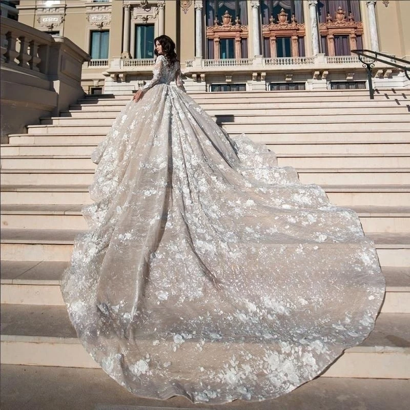 O-pescoço manga comprida vestidos de casamento, lindo vestido de baile, cristal flores, apliques renda, um longo trem real